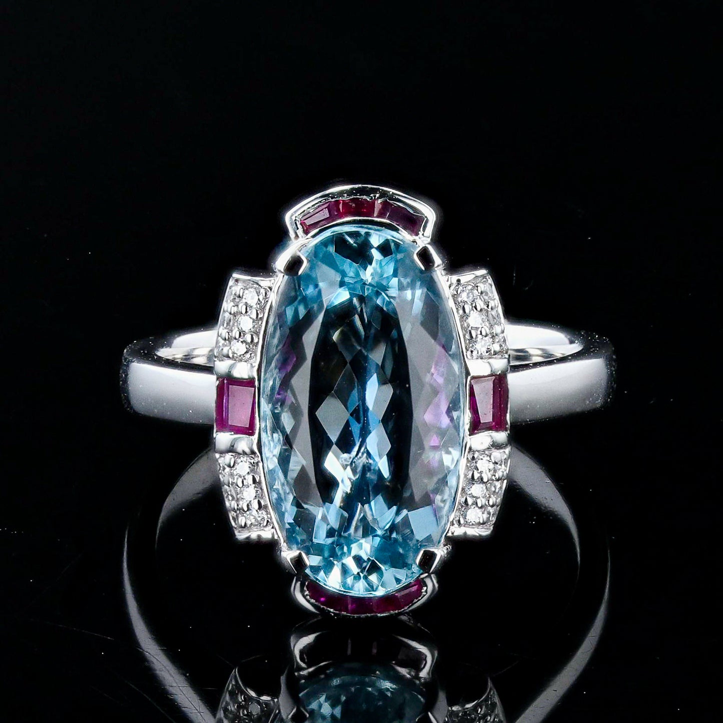 4.13ct Aquamarine, 0.44ctw Ruby and 0.08ctw Diamond Platinum Ring