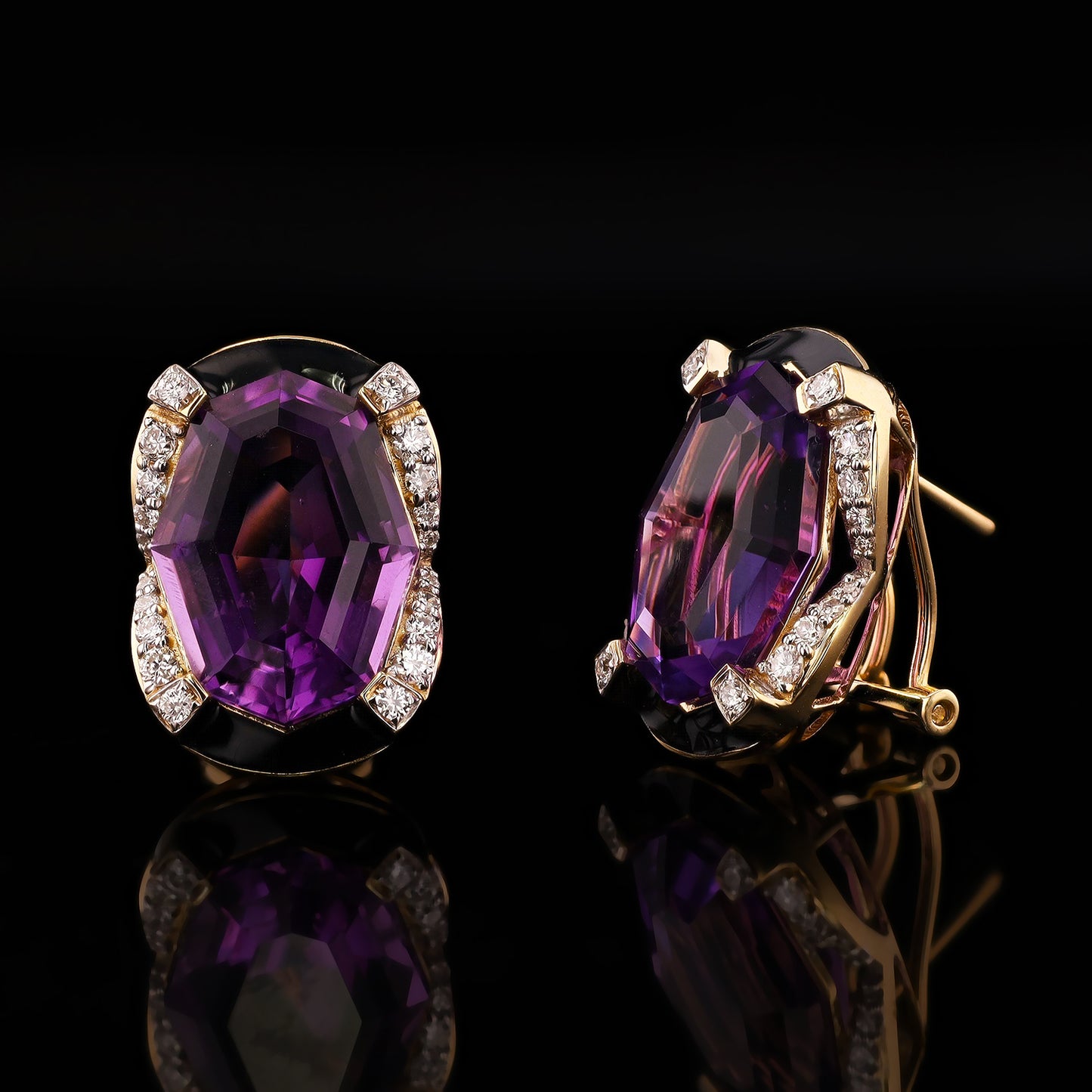 16.02ctw Amethyst and 0.53ctw Diamond 14K Yellow Gold Earrings with Black Enamel