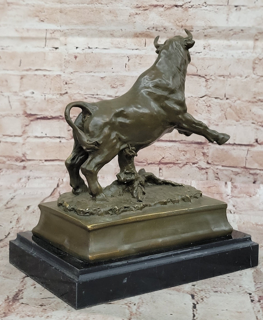 Charging Rearing Bull Bronze Sculpture on Marble Base Signed Milo