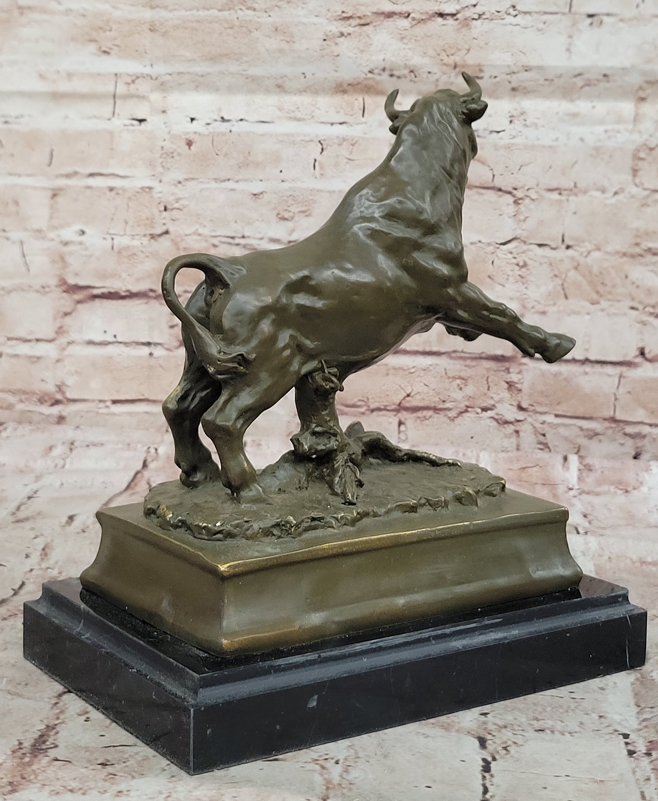 Charging Rearing Bull Bronze Sculpture on Marble Base Signed Milo