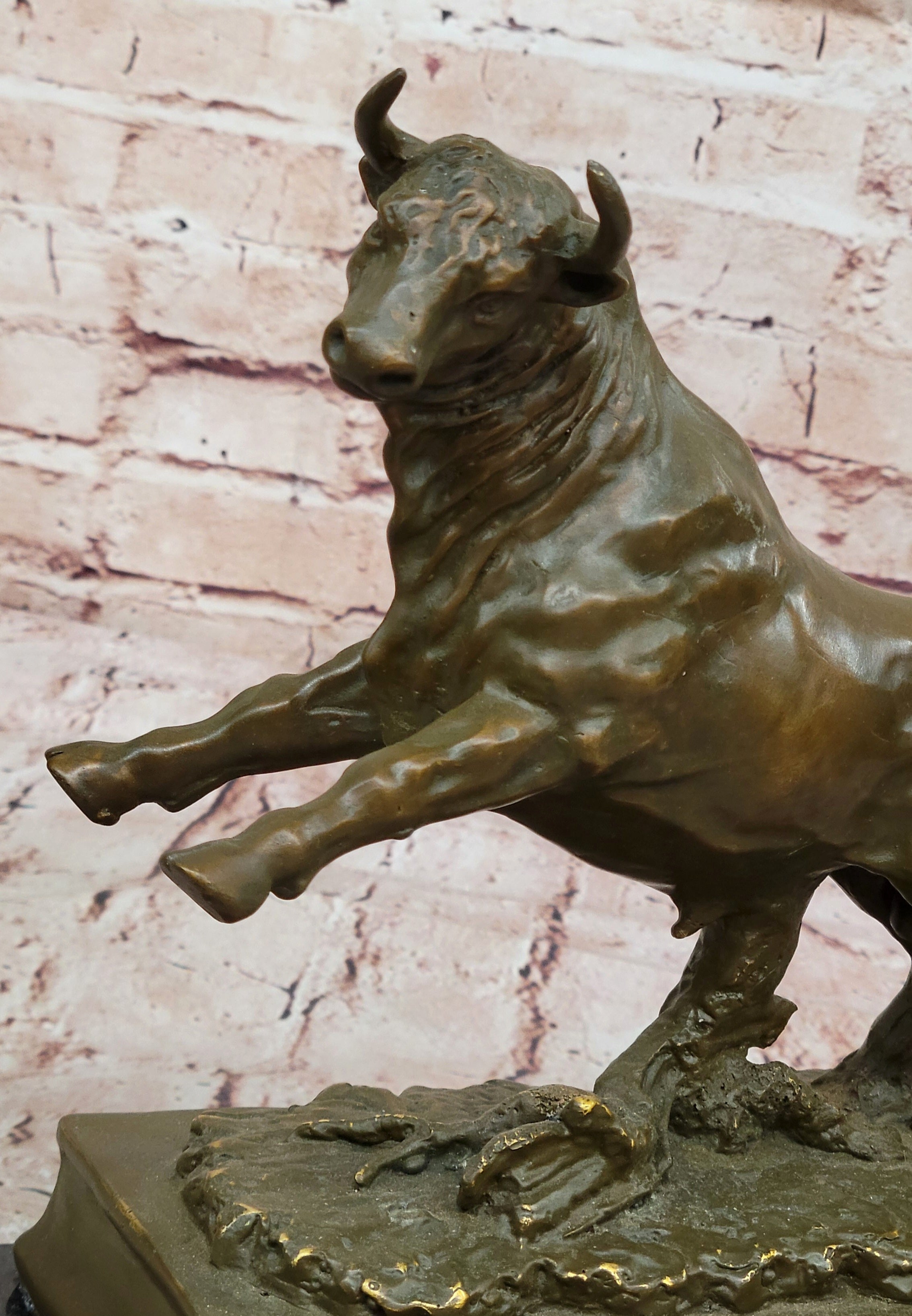 Charging Rearing Bull Bronze Sculpture on Marble Base Signed Milo