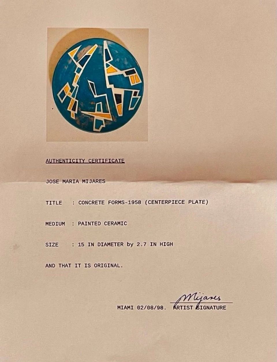 Jose Maria Mijares Plate COA
