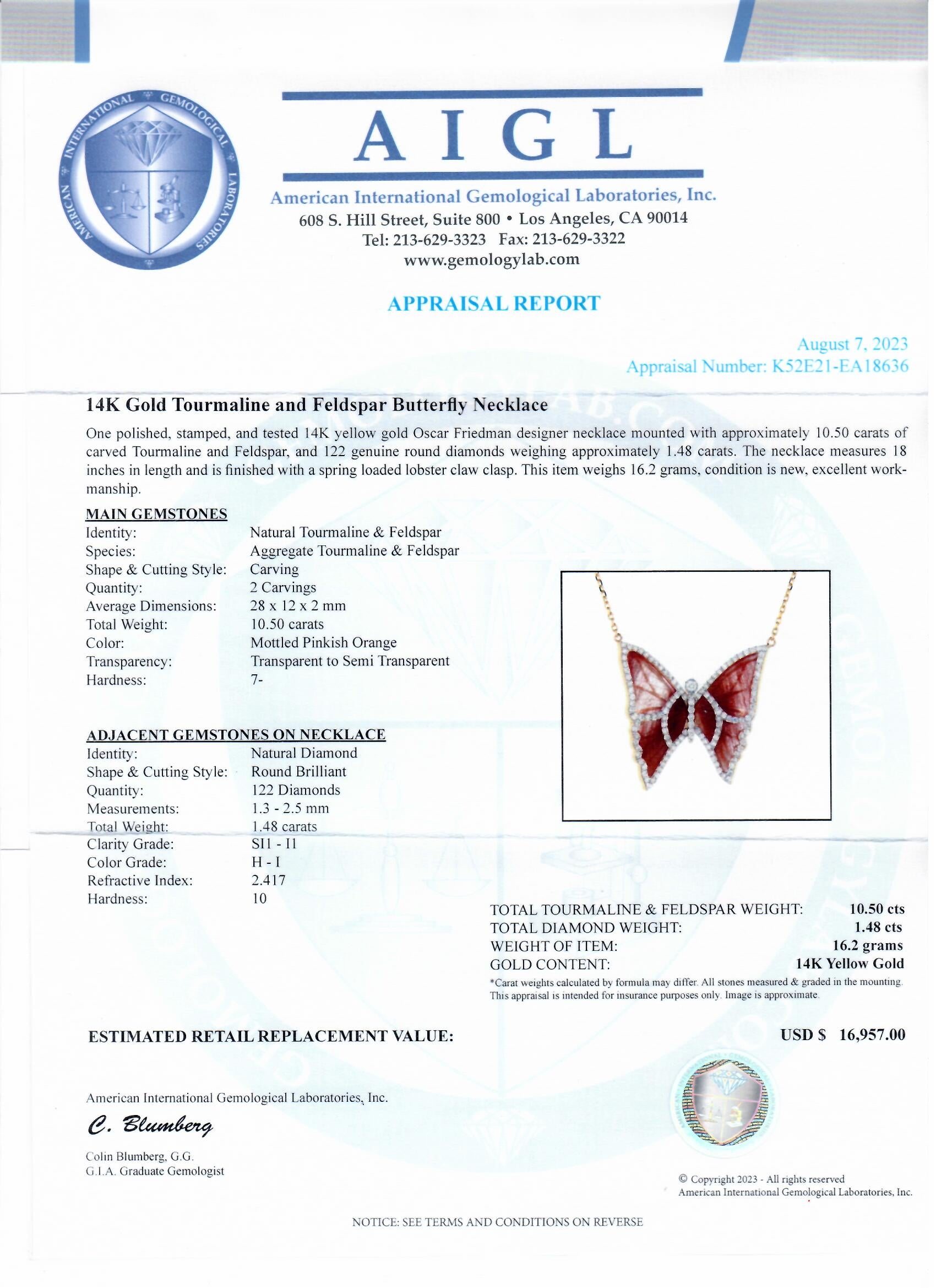 10.50ctw Tourmaline Feldspar and 1.48ctw Diamond  14K Yellow Gold Butterfly Pendant