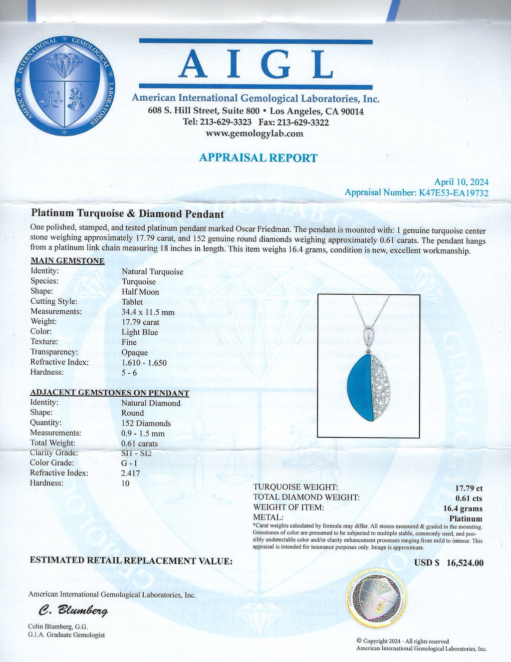 17.70ct Turquoise and 0.61ctw Diamond Platinum Pendant