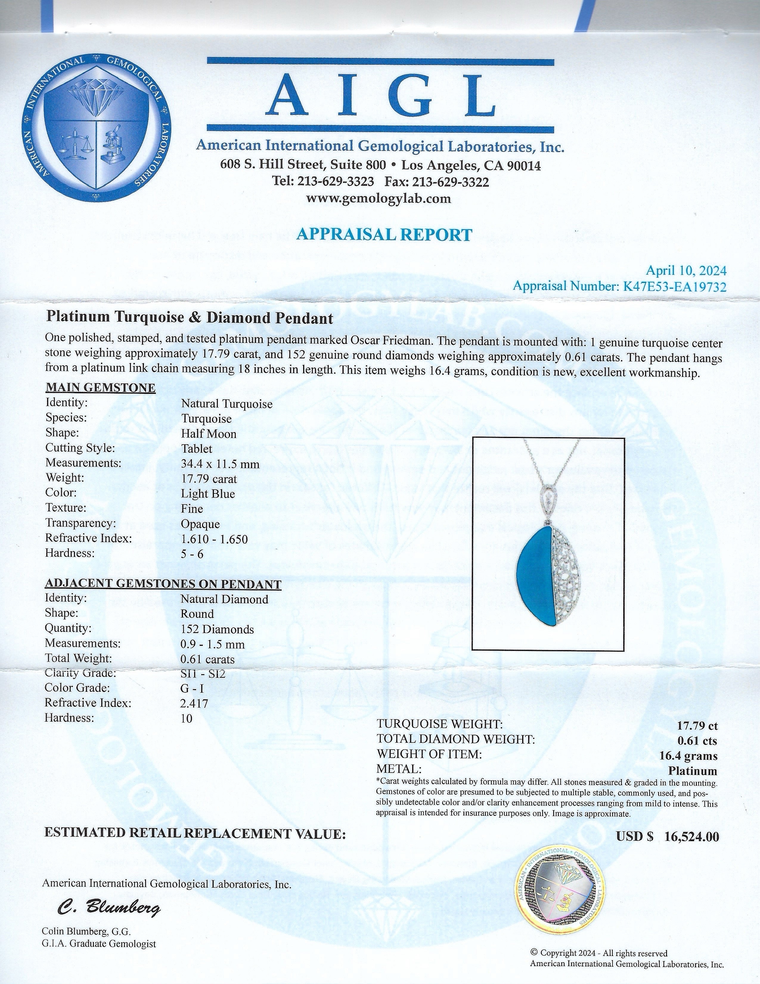 17.70ct Turquoise and 0.61ctw Diamond Platinum Pendant