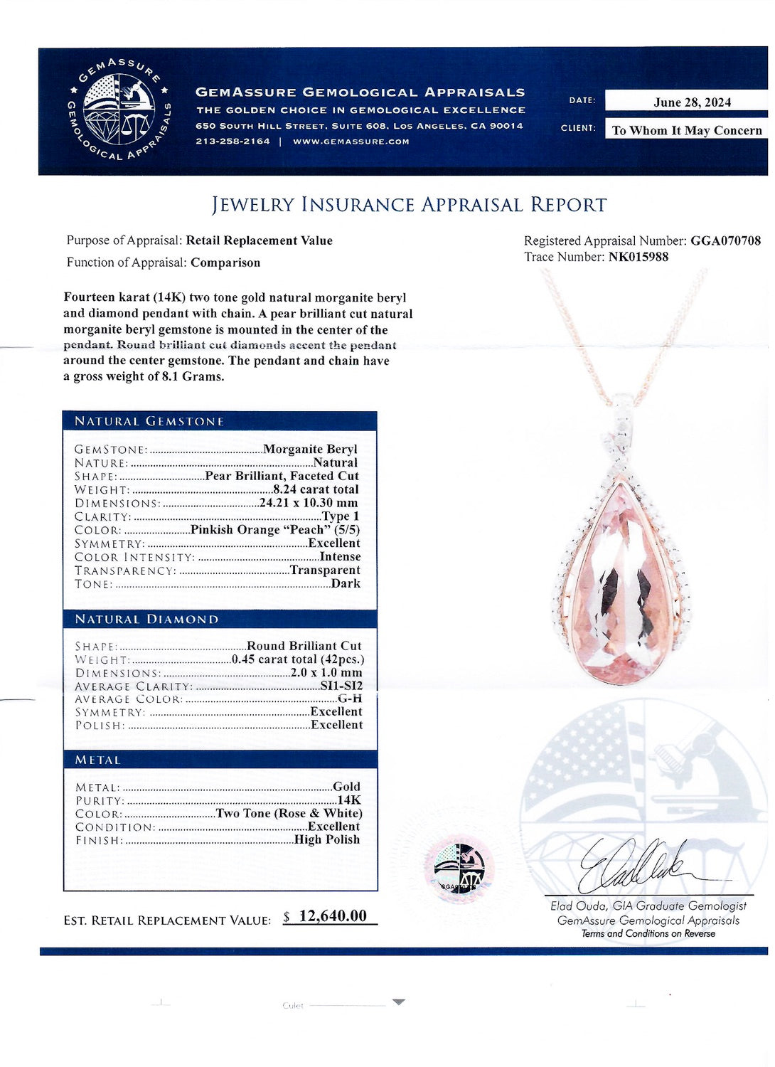 8.24ct Morganite and 0.45ctw Diamond 14K Rose and White Gold Pendant