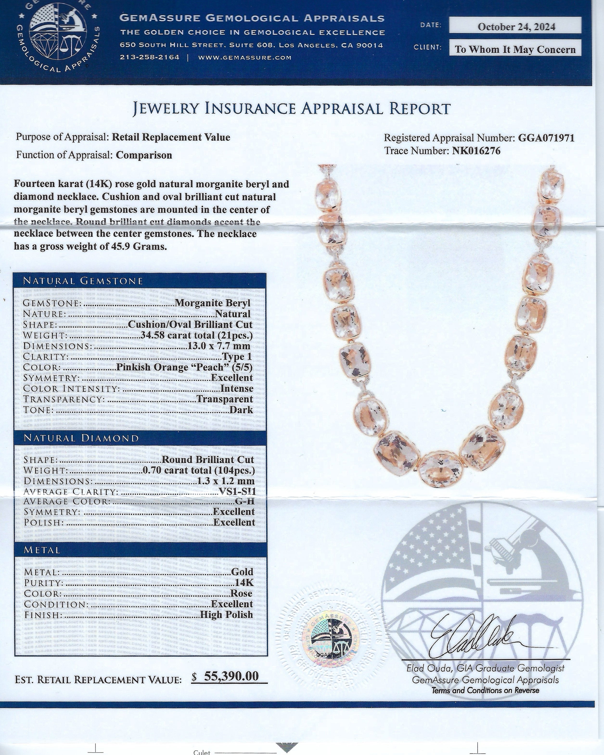 34.58ctw Morganite and 0.70ctw Diamond 14K Rose Gold Necklace