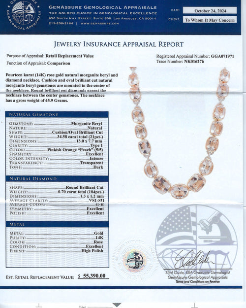 34.58ctw Morganite and 0.70ctw Diamond 14K Rose Gold Necklace