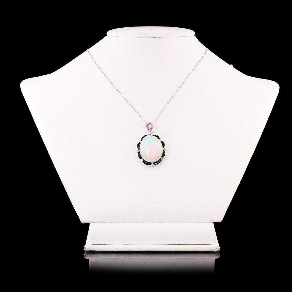 15.22ct Opal, 0.45ct Pink Sapphire and 0.31ctw Diamond Platinum Pendant with Black Enamel