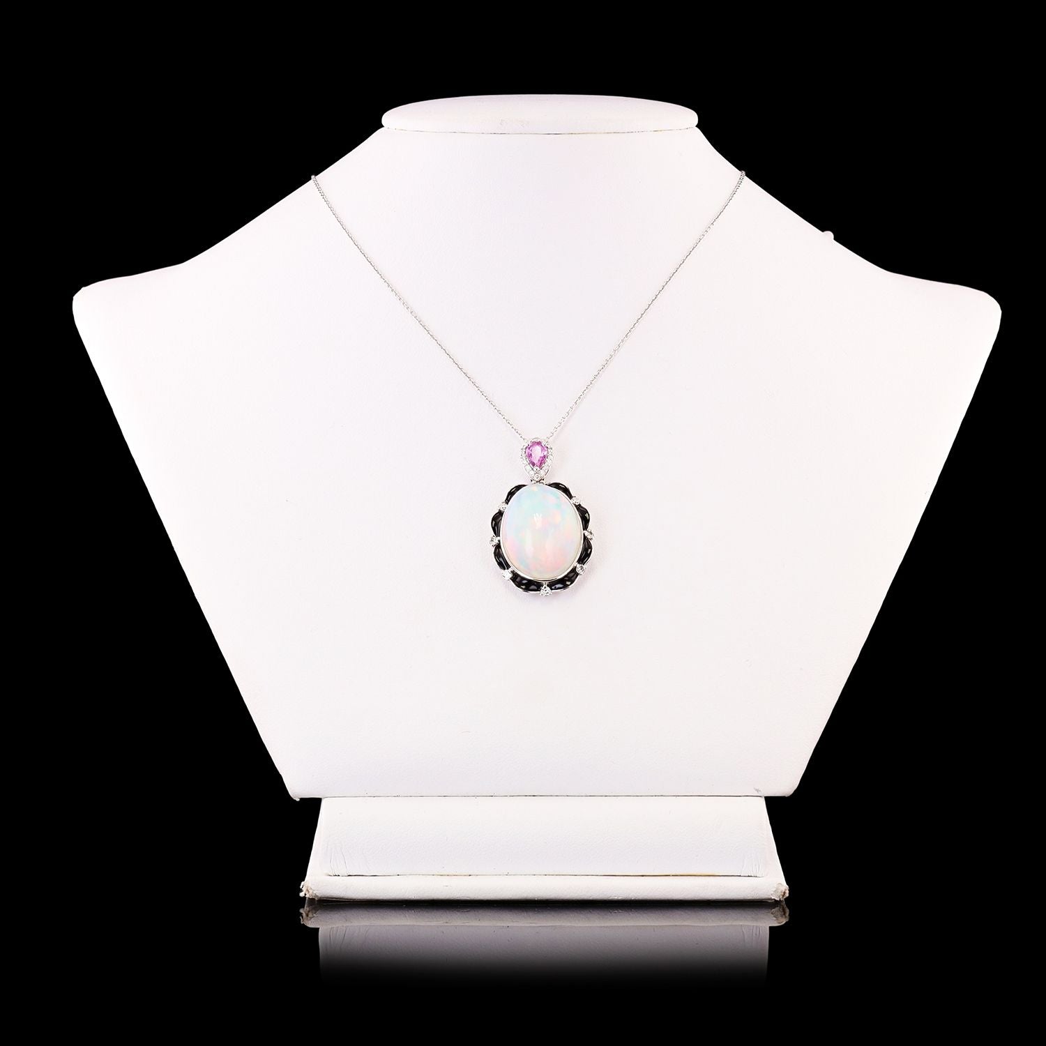 15.22ct Opal, 0.45ct Pink Sapphire and 0.31ctw Diamond Platinum Pendant with Black Enamel
