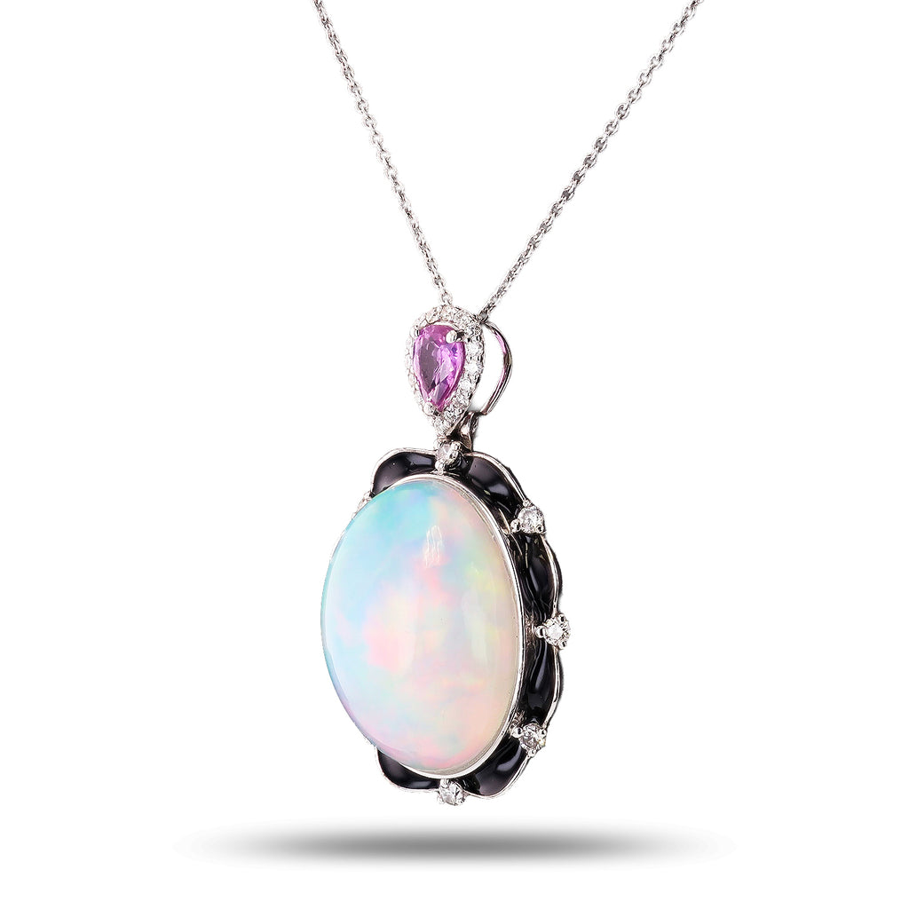 15.22ct Opal, 0.45ct Pink Sapphire and 0.31ctw Diamond Platinum Pendant with Black Enamel
