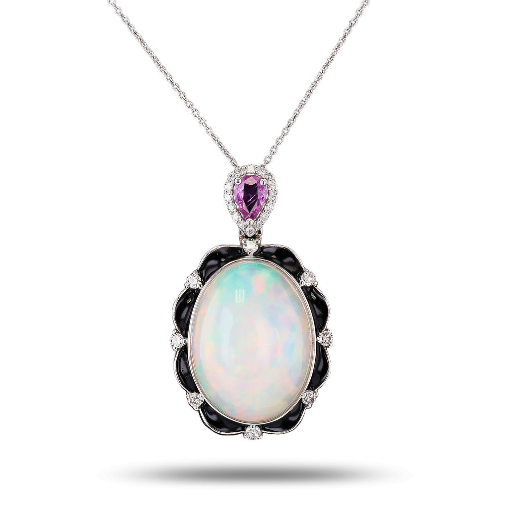 15.22ct Opal, 0.45ct Pink Sapphire and 0.31ctw Diamond Platinum Pendant with Black Enamel