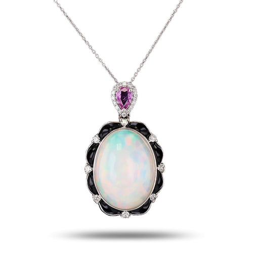 15.22ct Opal, 0.45ct Pink Sapphire and 0.31ctw Diamond Platinum Pendant with Black Enamel