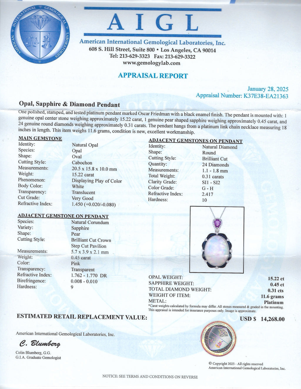 15.22ct Opal, 0.45ct Pink Sapphire and 0.31ctw Diamond Platinum Pendant with Black Enamel