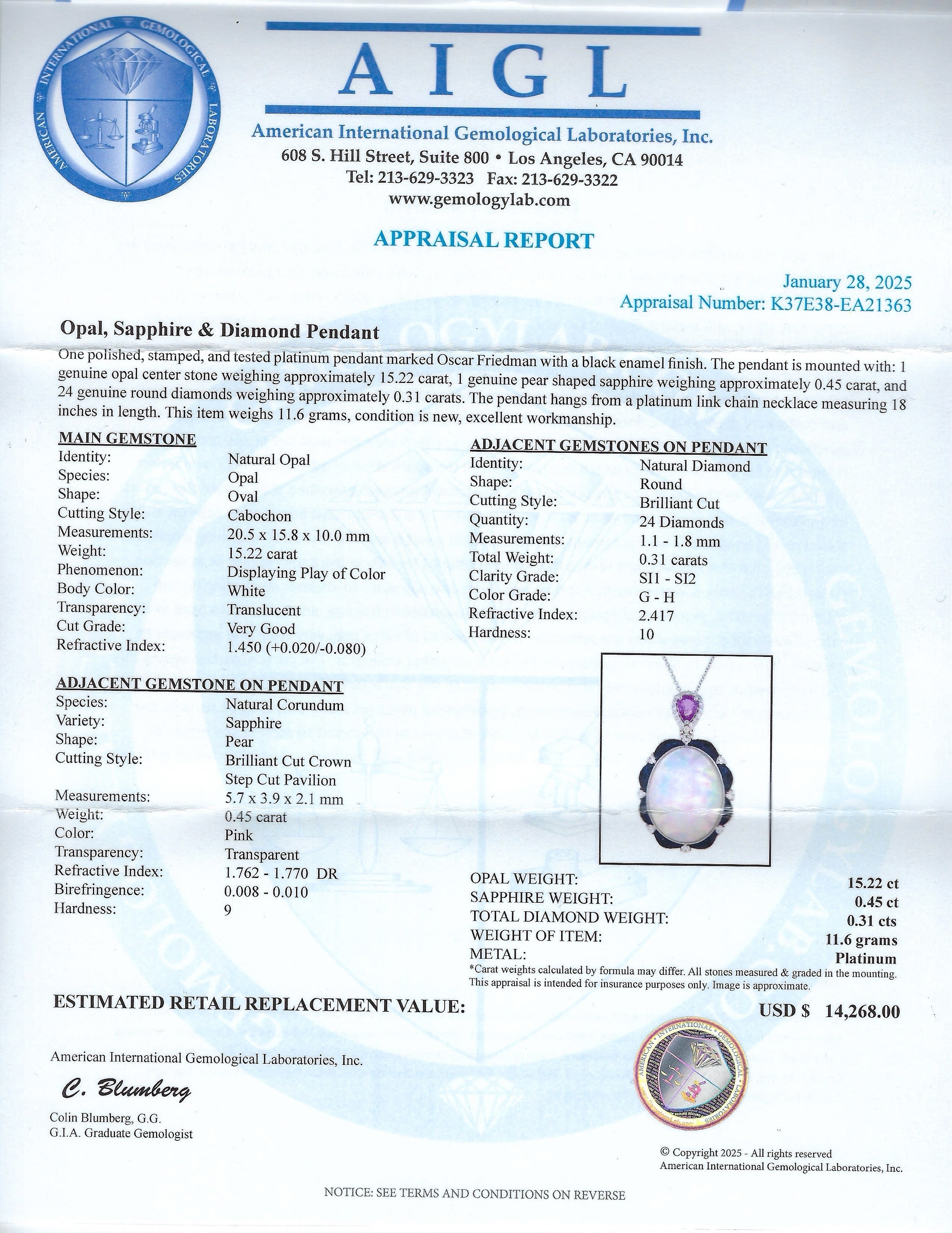 15.22ct Opal, 0.45ct Pink Sapphire and 0.31ctw Diamond Platinum Pendant with Black Enamel