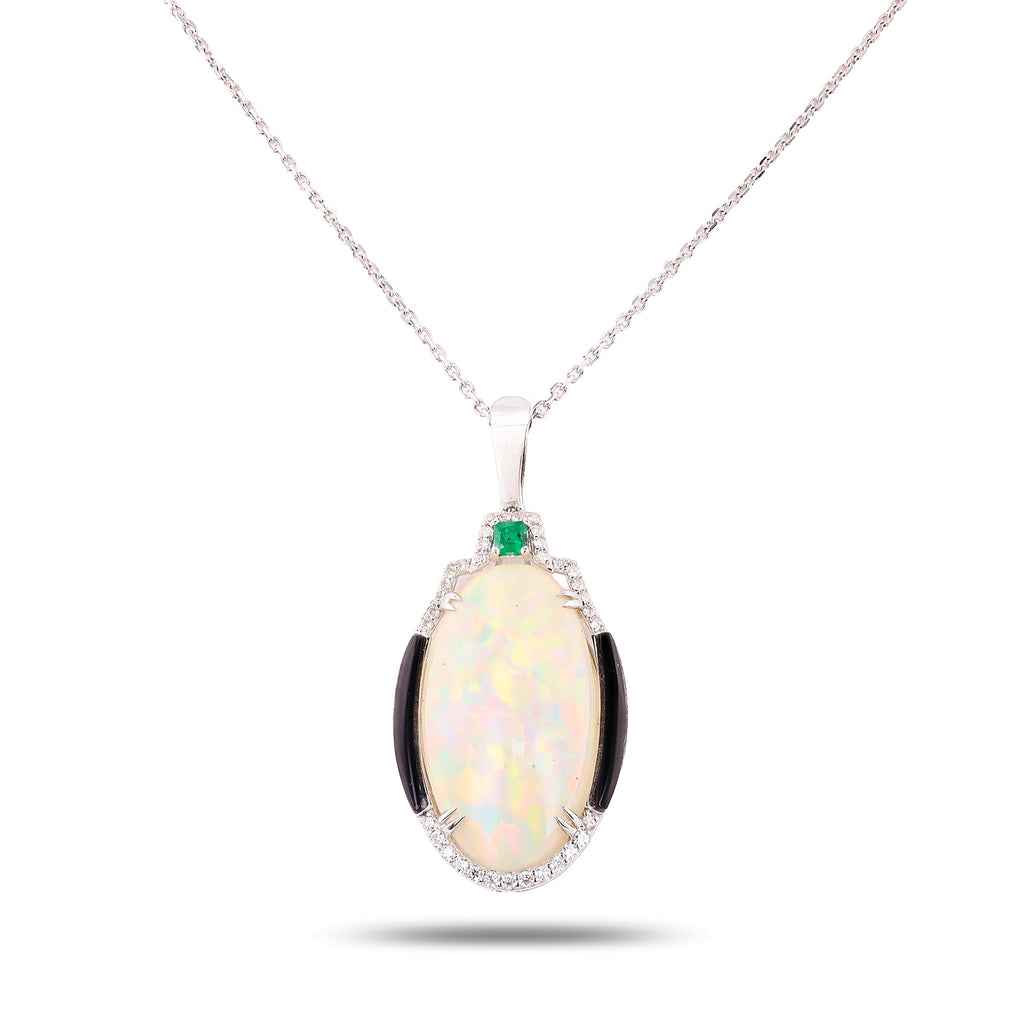 14.11ct Opal, 0.14ct Emerald and 0.26ctw Diamond Platinum Ring
