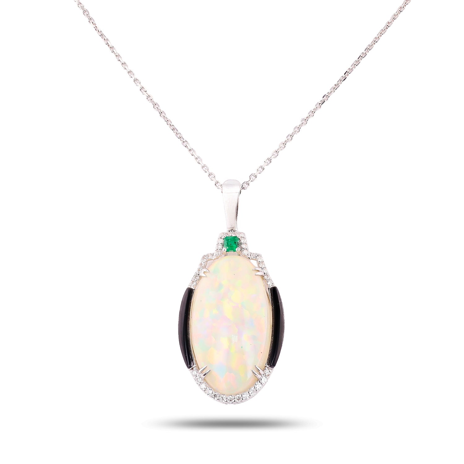 14.11ct Opal, 0.14ct Emerald and 0.26ctw Diamond Platinum Ring