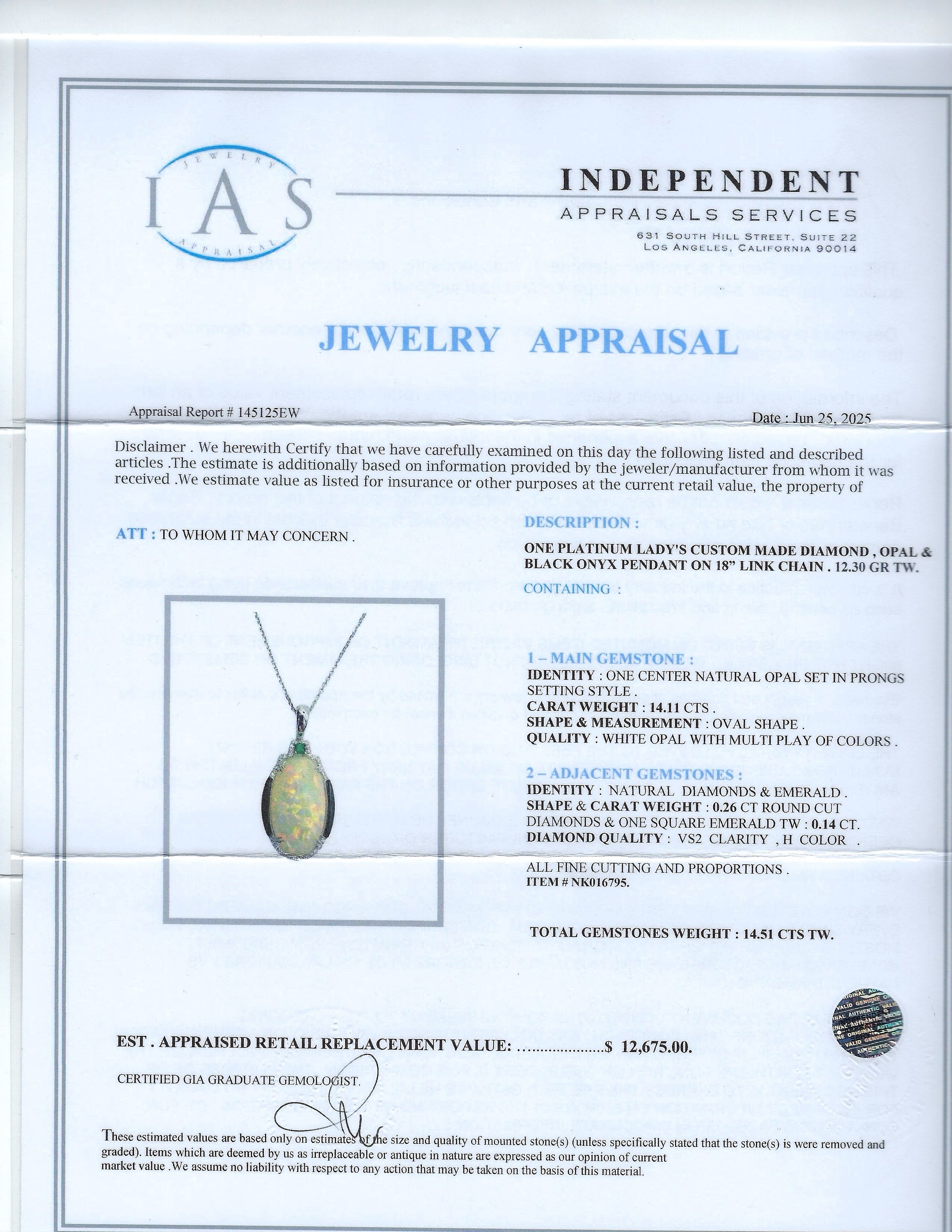 14.11ct Opal, 0.14ct Emerald and 0.26ctw Diamond Platinum Ring