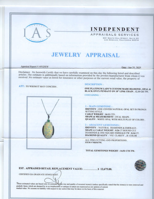 14.11ct Opal, 0.14ct Emerald and 0.26ctw Diamond Platinum Ring