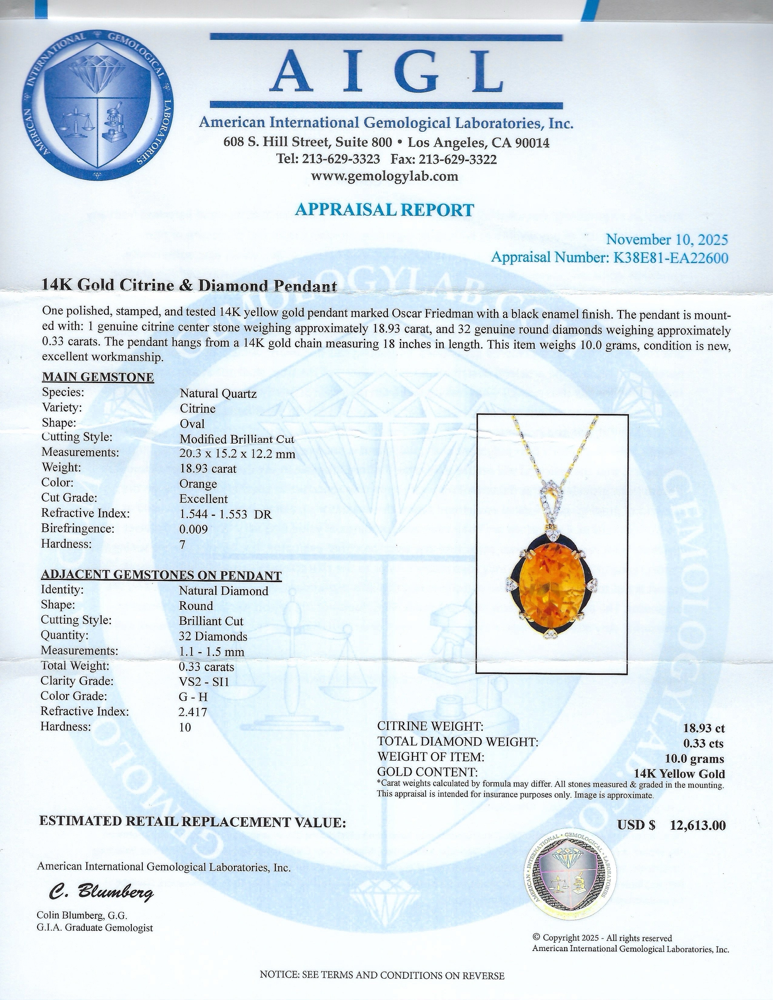 18.93ct Citrine and 0.33ctw Diamond 14K Yellow Gold Pendant