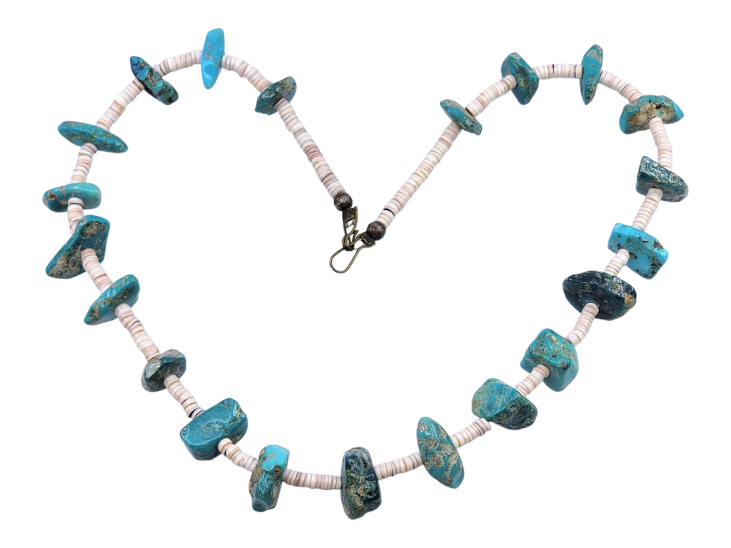Antique Native American Navajo sterling silver turquoise nuggets heishi Shell necklace