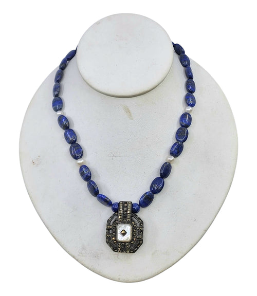 Antique sterling silver Lapis and Pearl necklace