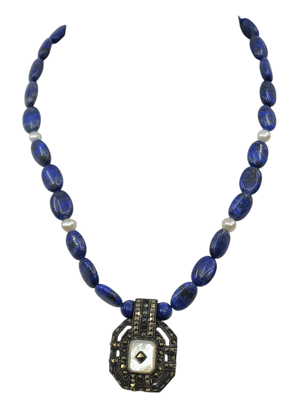 Antique sterling silver Lapis and Pearl necklace