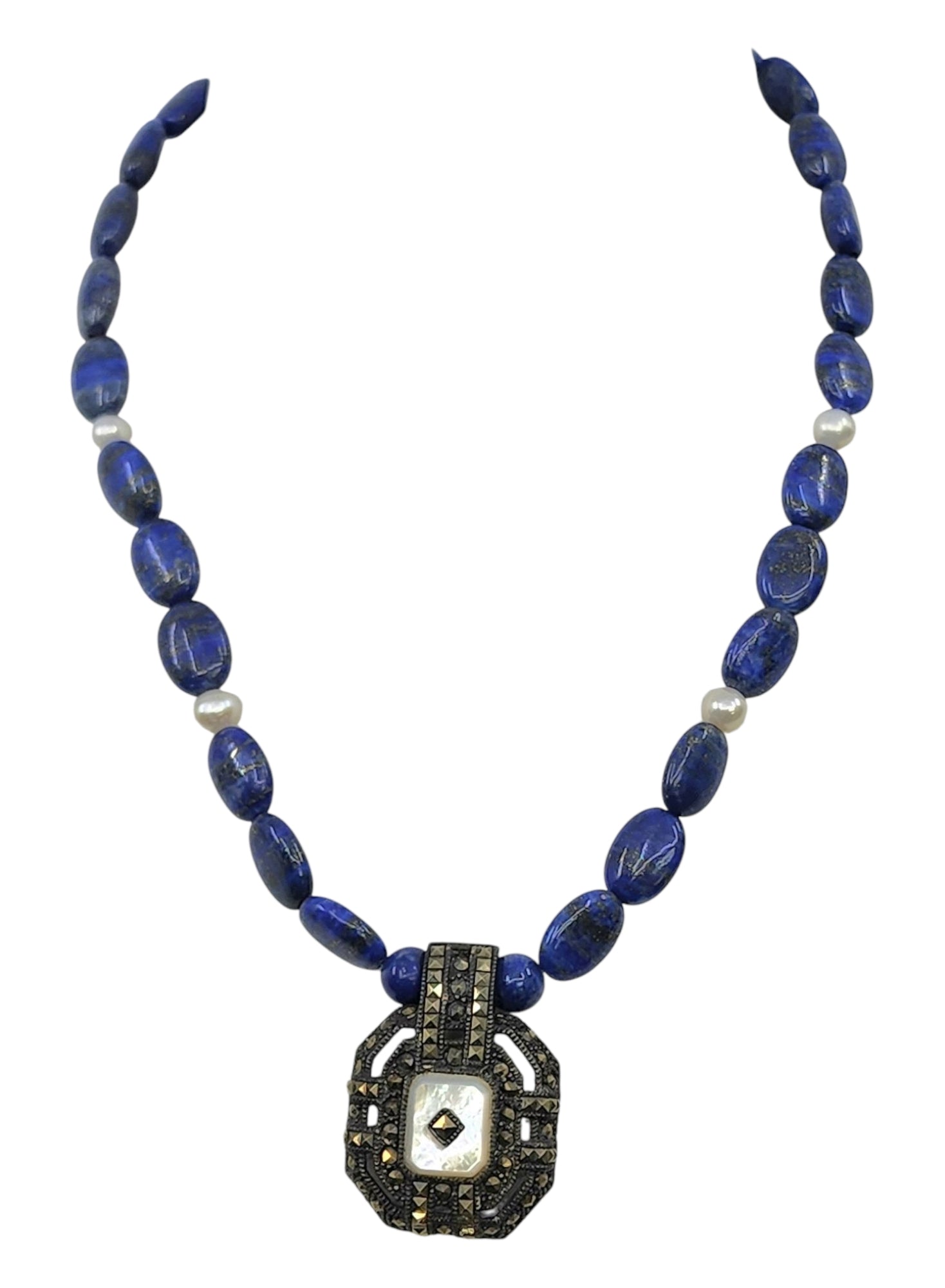 Antique sterling silver Lapis and Pearl necklace