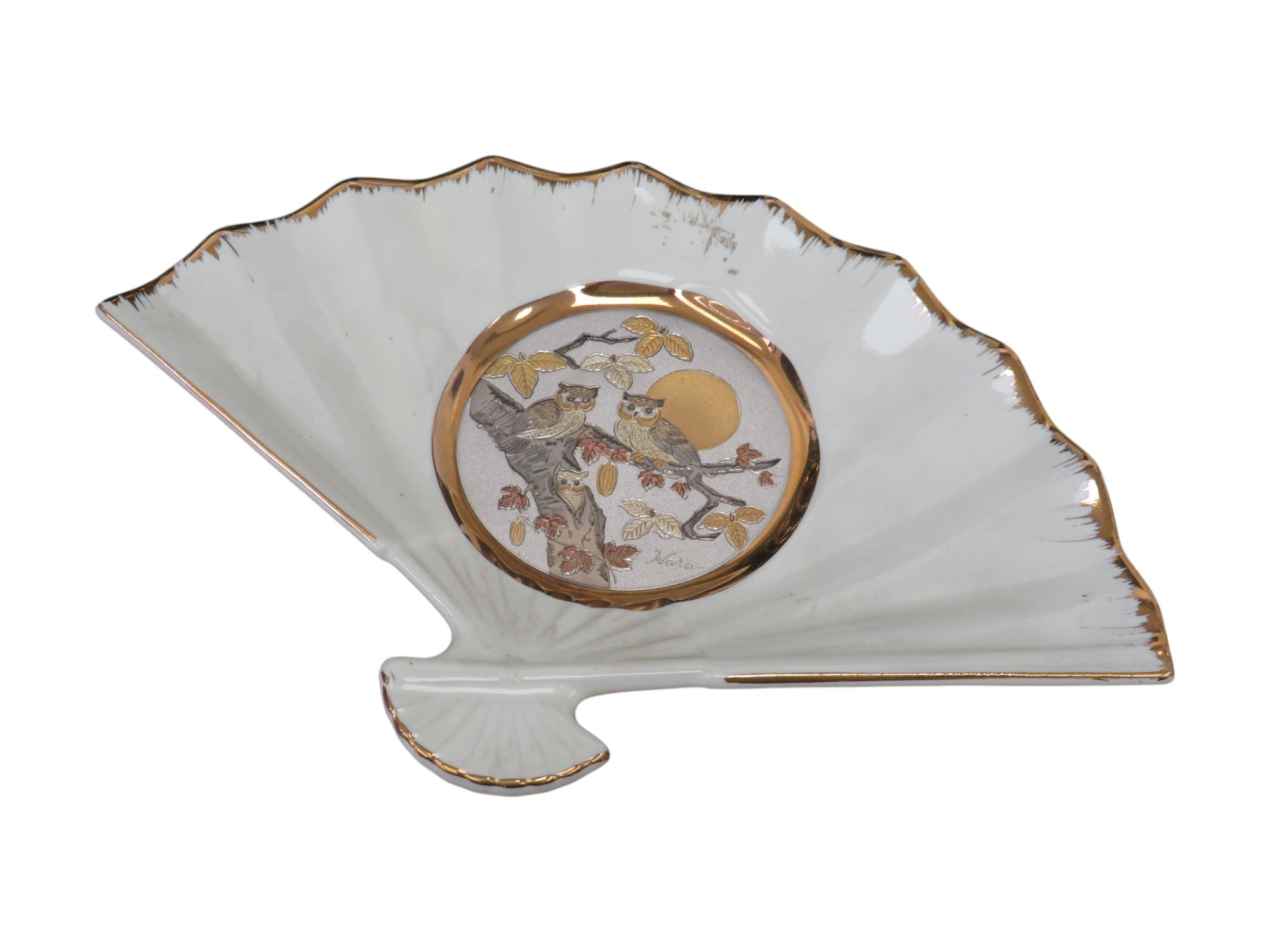 Chokin Art 24k Gold Edged Fan Shaped Decorative Limited Edition 9500 Owl Japan