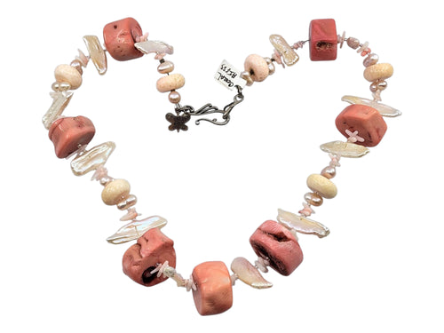 Antique sterling silver MOP and natural pink Coral necklace