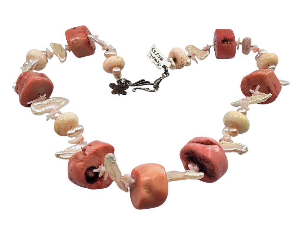 Antique sterling silver MOP and natural pink Coral necklace