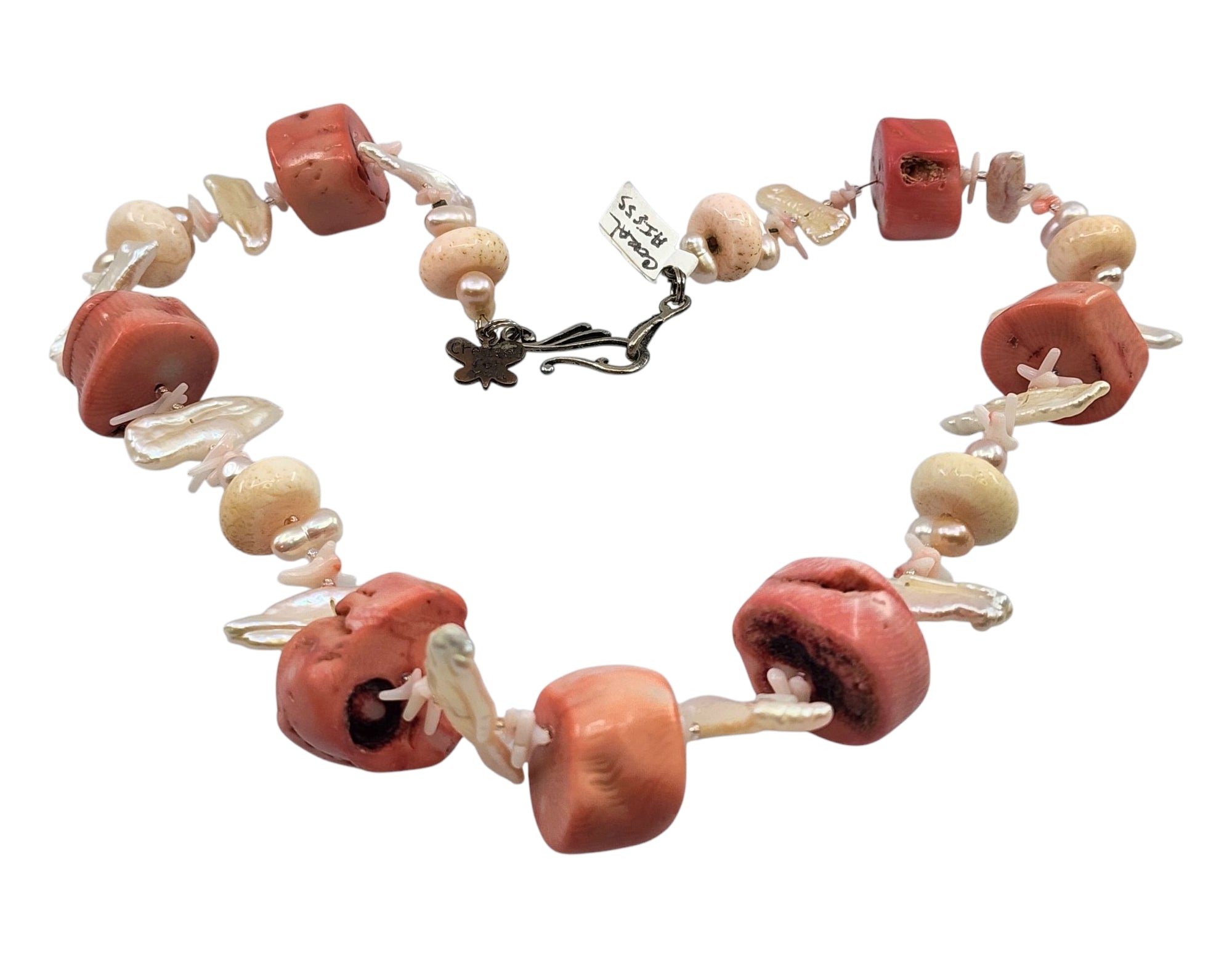 Antique sterling silver MOP and natural pink Coral necklace