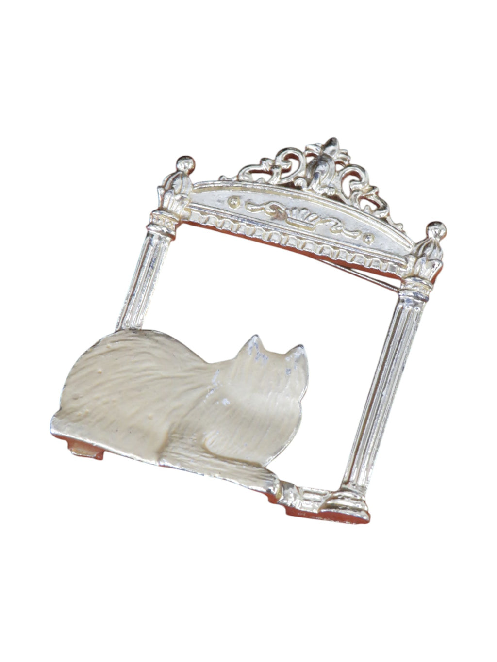 JJ Jonette Silver Tone Cat Looking At Reflection Mirror Brooch Pin, Signed