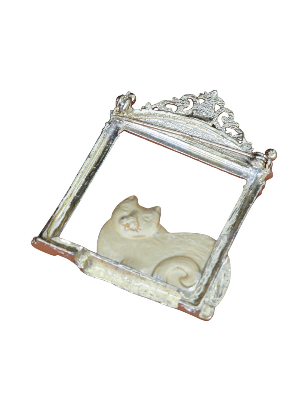 JJ Jonette Silver Tone Cat Looking At Reflection Mirror Brooch Pin, Signed