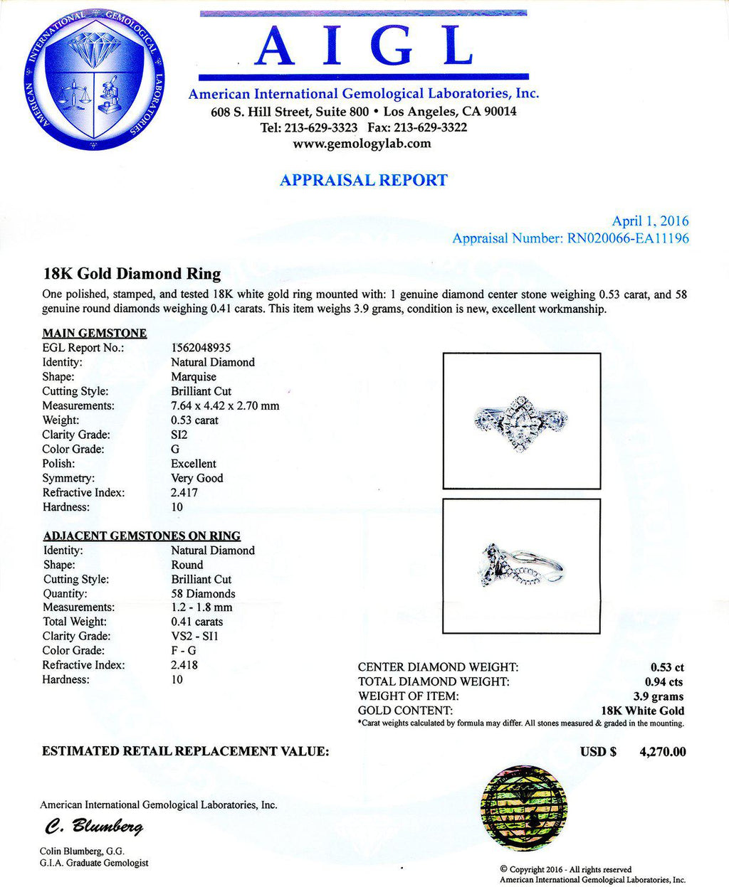 0.53ct CENTER SI2 CLARITY Diamond 18K White Gold Ring (0.94ctw Diamonds)