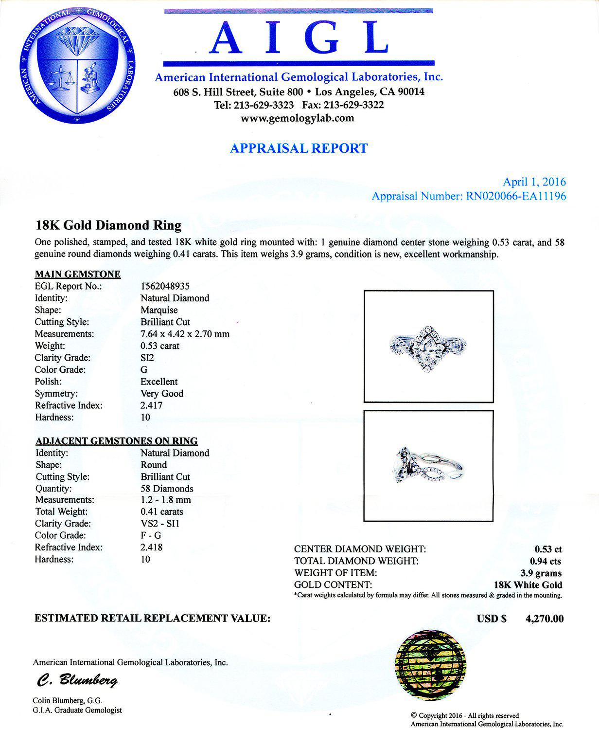 0.53ct CENTER SI2 CLARITY Diamond 18K White Gold Ring (0.94ctw Diamonds)