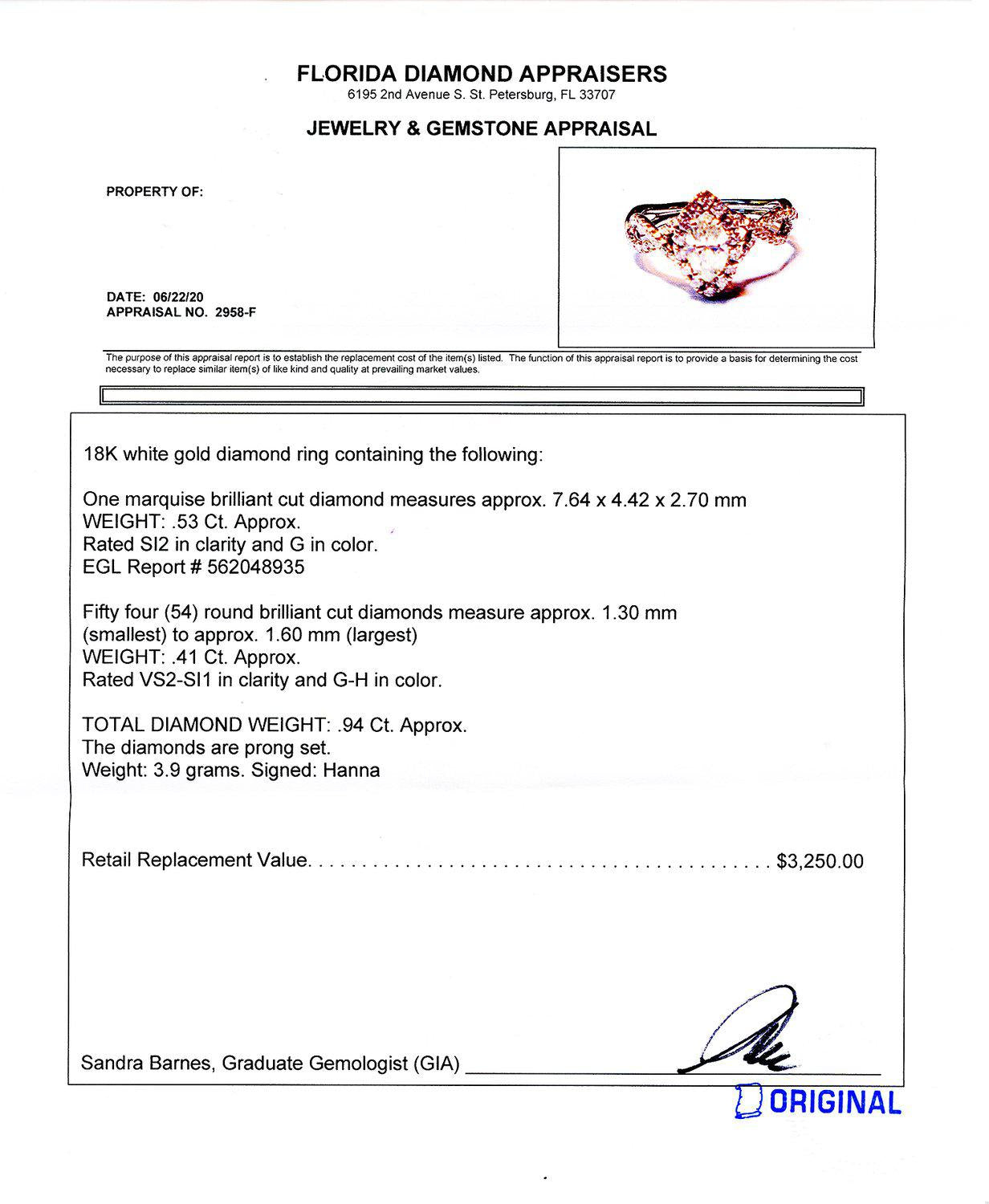 0.53ct CENTER SI2 CLARITY Diamond 18K White Gold Ring (0.94ctw Diamonds)