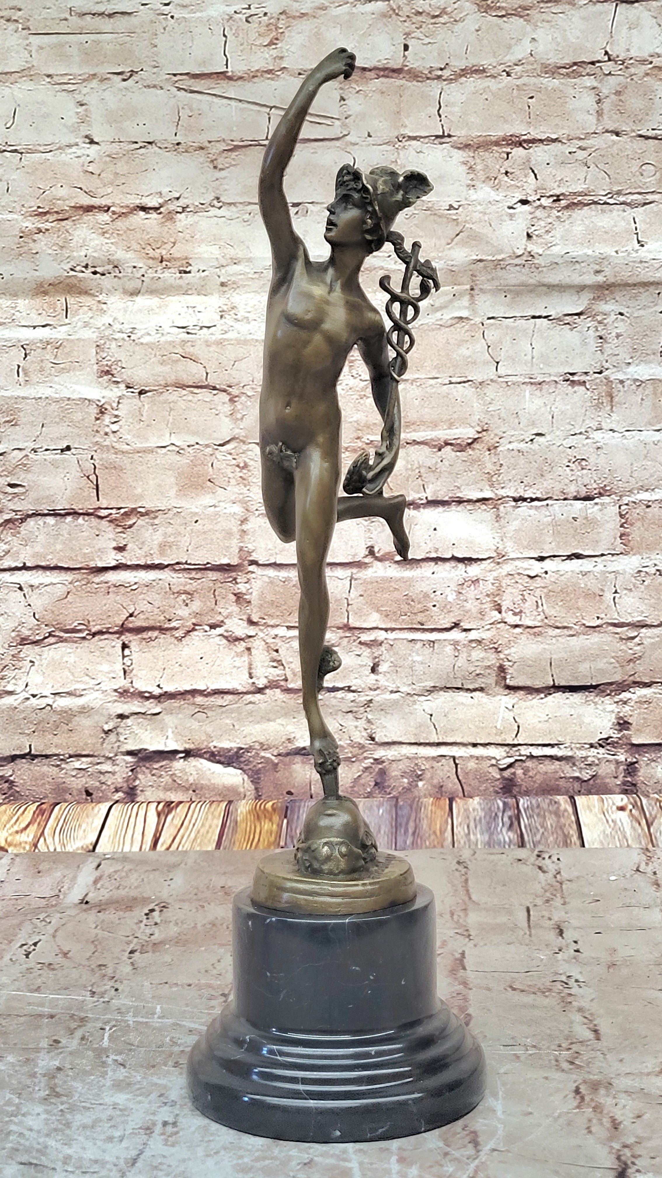 Giambalogna Nude Flying Mercury Hermes w/ Caduceus Bronze Sculpture