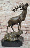 Chalet Lodge Art Elk Stag Buck Deer Hunter Bronze Marble Base Sculpture Statue