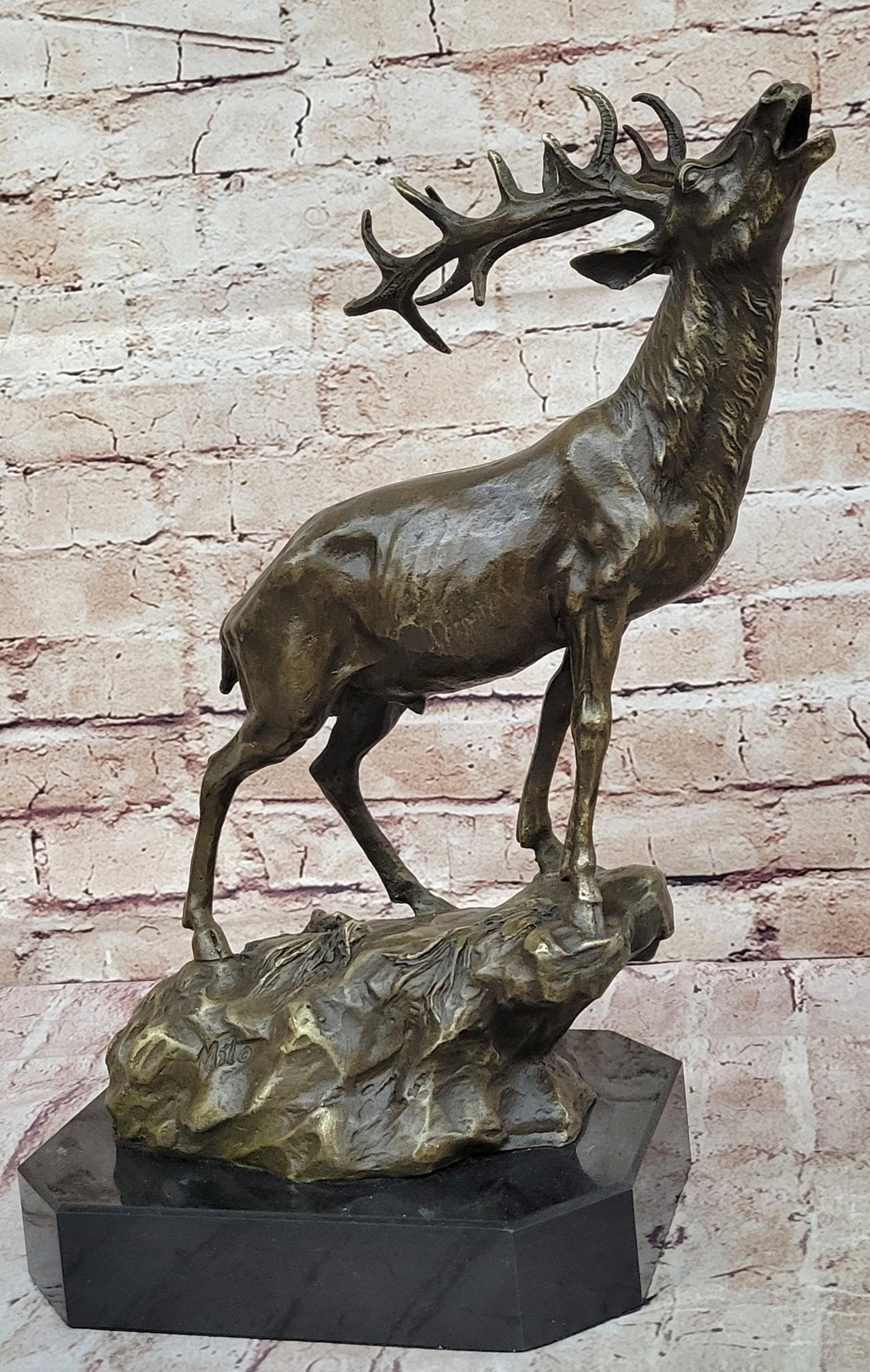 Chalet Lodge Art Elk Stag Buck Deer Hunter Bronze Marble Base Sculpture Statue