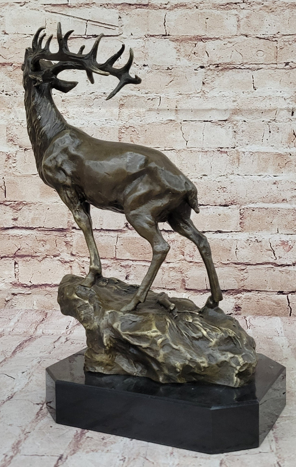 Chalet Lodge Art Elk Stag Buck Deer Hunter Bronze Marble Base Sculpture Statue