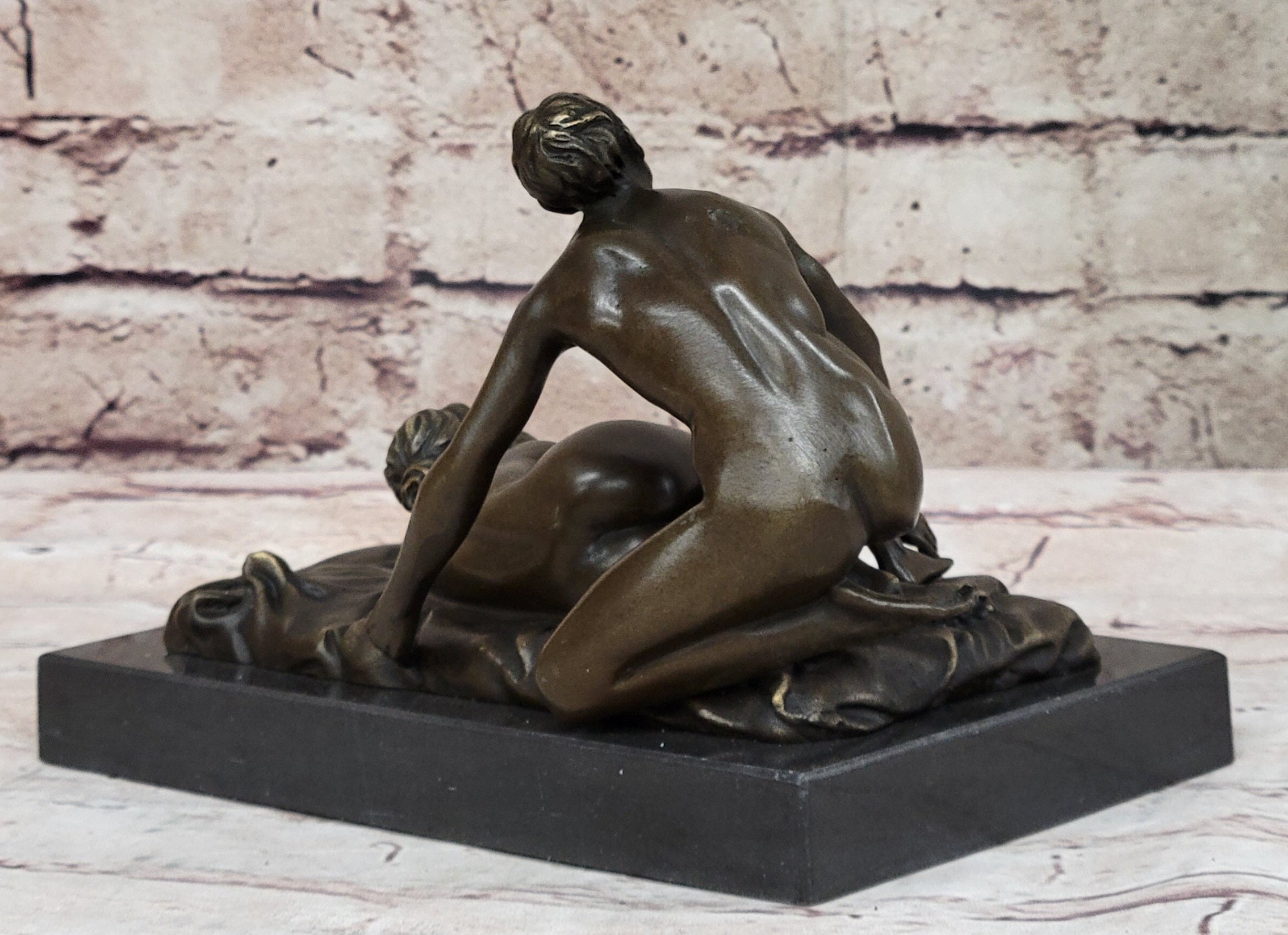 Erotic Couple Sexual Foreplay Bronze Sculpture Statue + Male Figurine 6" x 7"