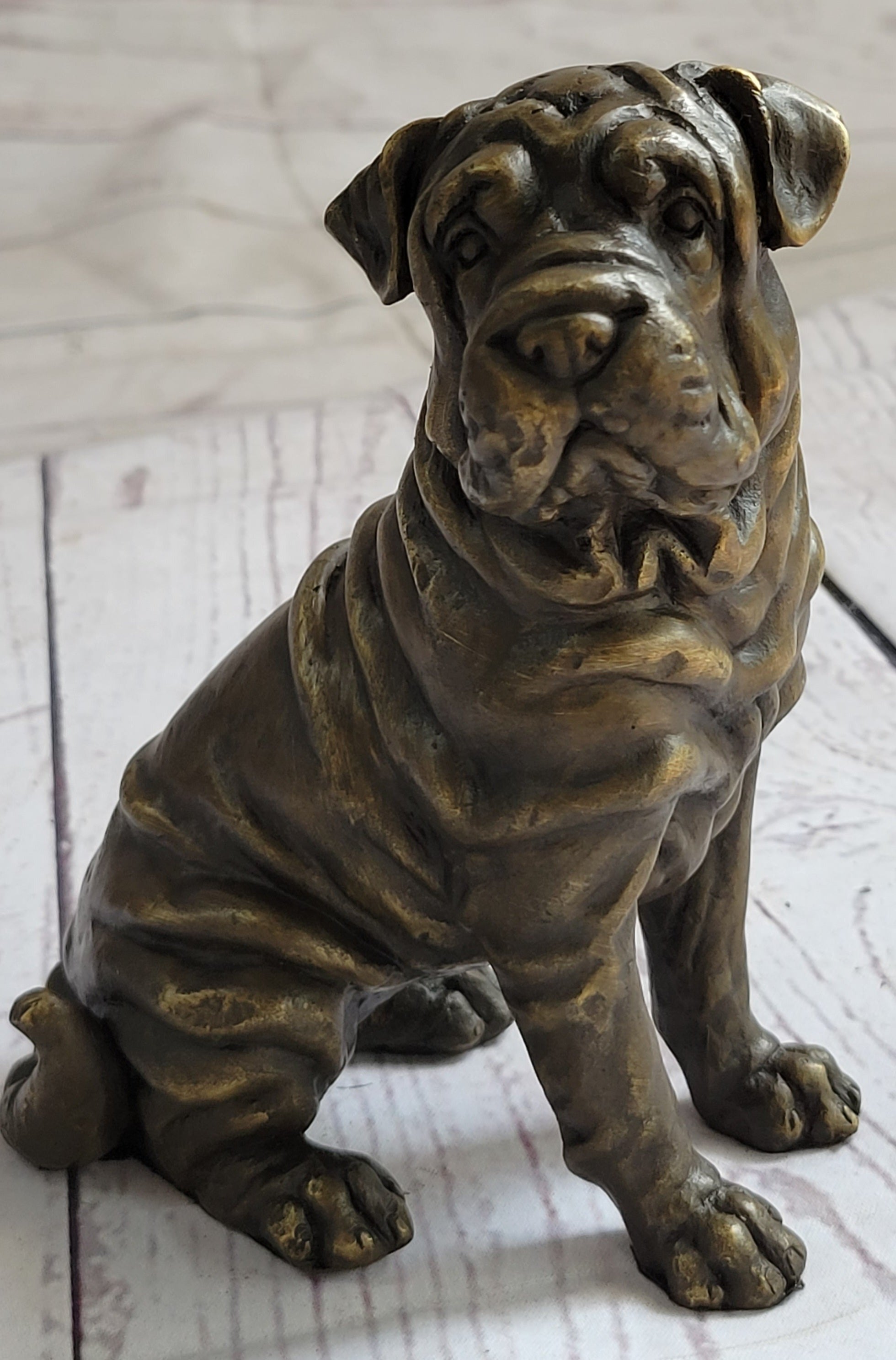 Shar Pei Wrinkly Puppy Dog Bronze Metal Figure Figurine Sculpture Signed