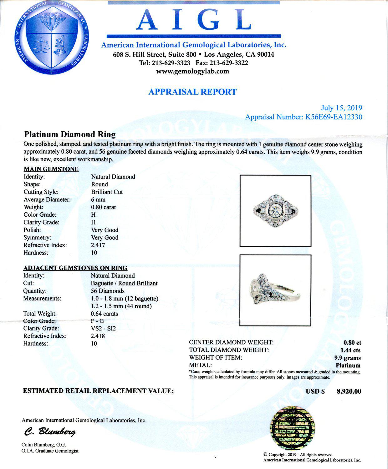 0.80ct CENTER Diamond Platinum Ring (1.44ctw Diamonds)