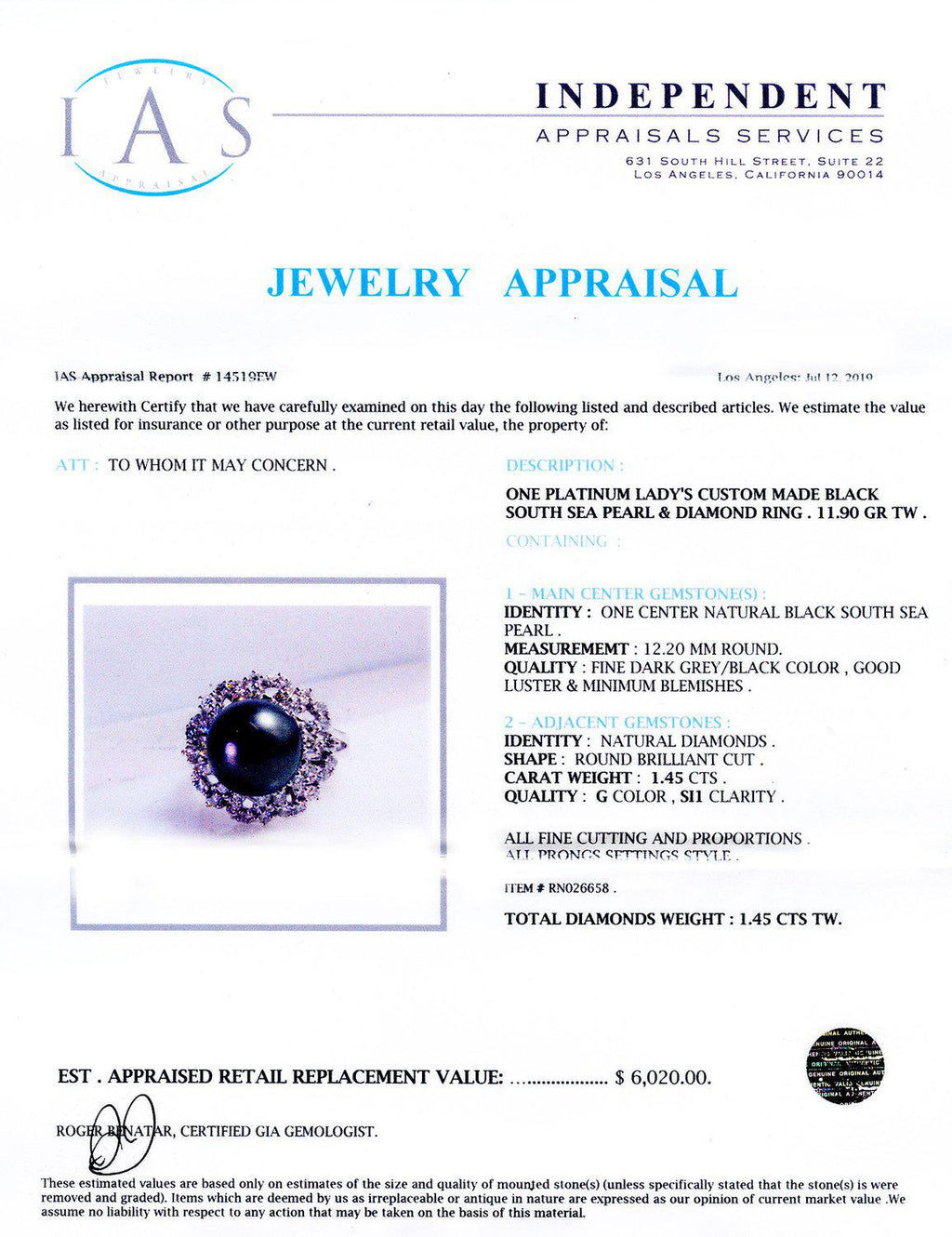 12.20mm South Sea Pearl and 1.45ctw Diamond Platinum Ring