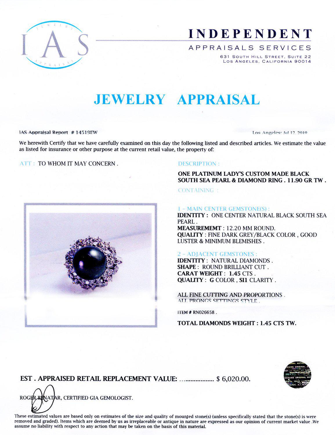 12.20mm South Sea Pearl and 1.45ctw Diamond Platinum Ring