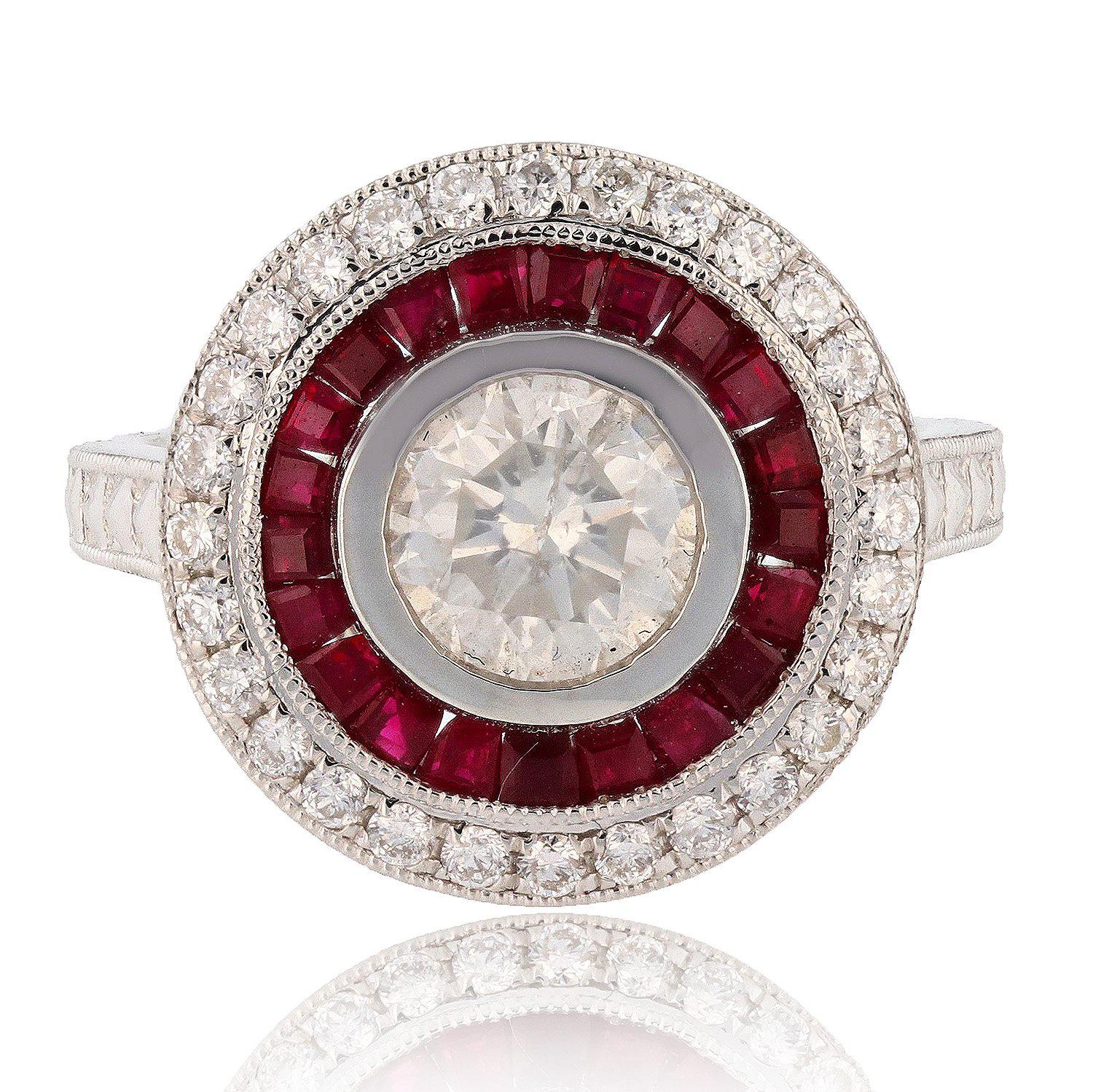 1.18ct SI3 CLARITY CENTER Diamond and 1.26ctw Ruby Platinum Ring (1.56ctw Diamonds)