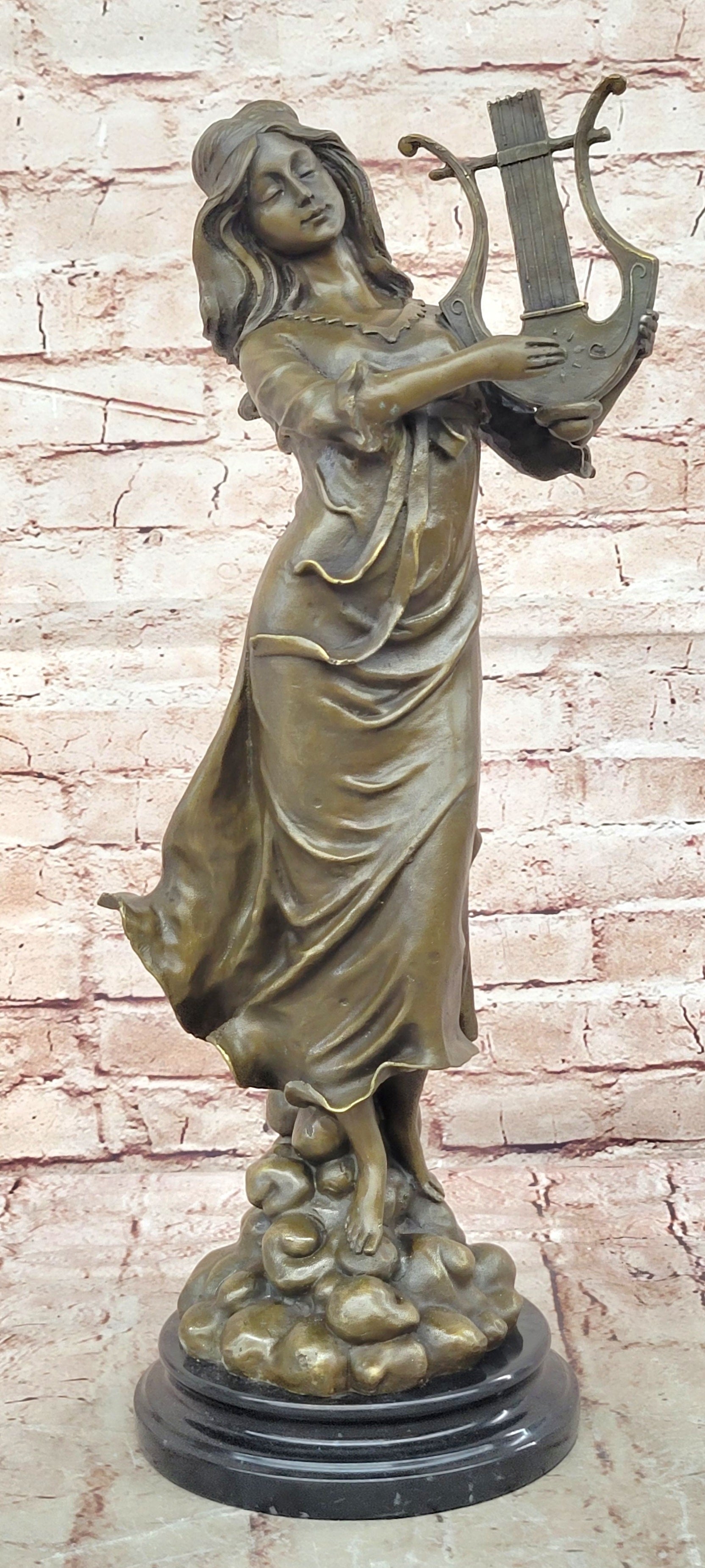 Harp Girl Figurine Bronze Statues Female Artwork Sculpture Home Decor by Vitaleh
