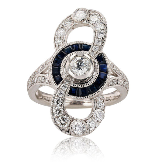 0.29ct Diamond and 0.88ctw Blue Sapphire Platinum Ring (1.17ctw Diamonds)