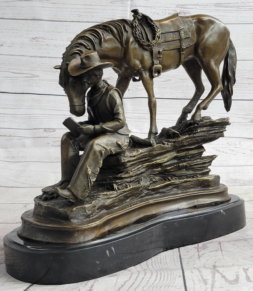 Cowboy Reading a Book with Horse Bronze Metal Western Sculpture Statue Remington Decor 11" x 13"